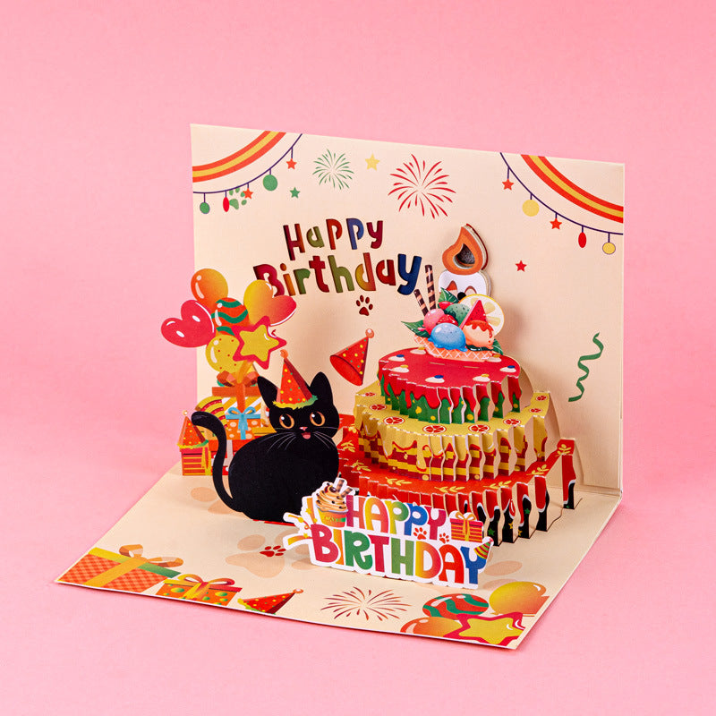 Kawaii Cute Kitten Birthday Pop-Up Card | Auto Light-Up & Blow-Switch Musical Design
