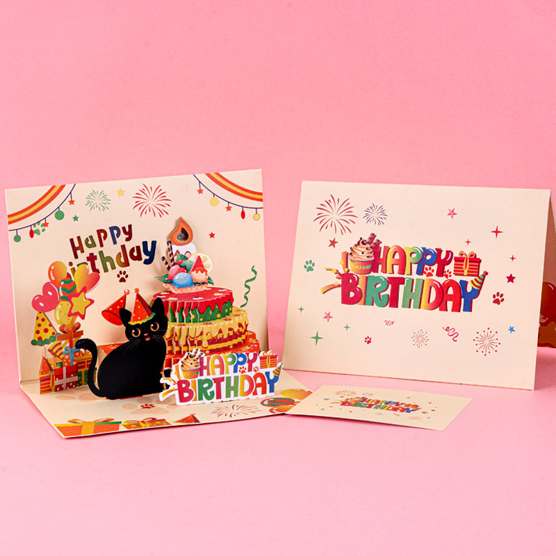 Kawaii Cute Kitten Birthday Pop-Up Card | Auto Light-Up & Blow-Switch Musical Design