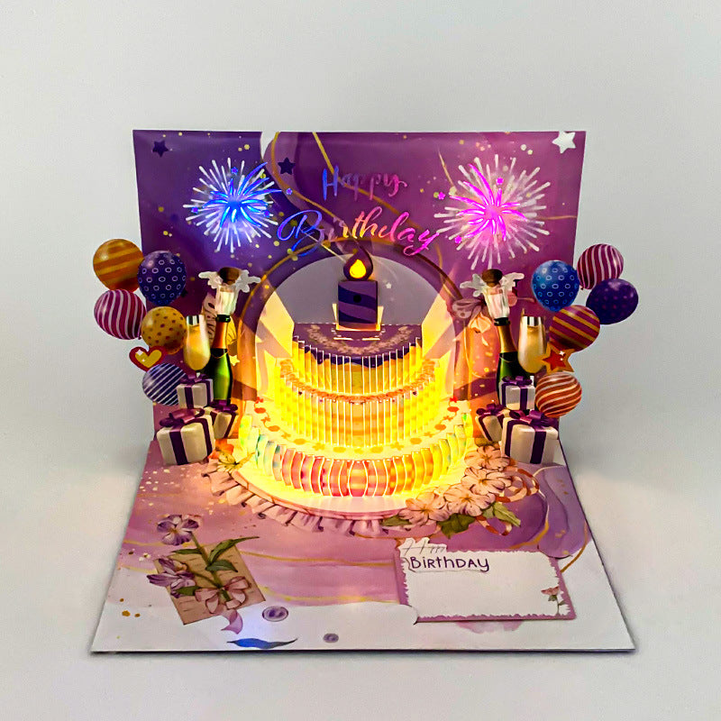 Dreamy Purple Cake Blow-Control LED Musical 3D Birthday Pop-Up Card