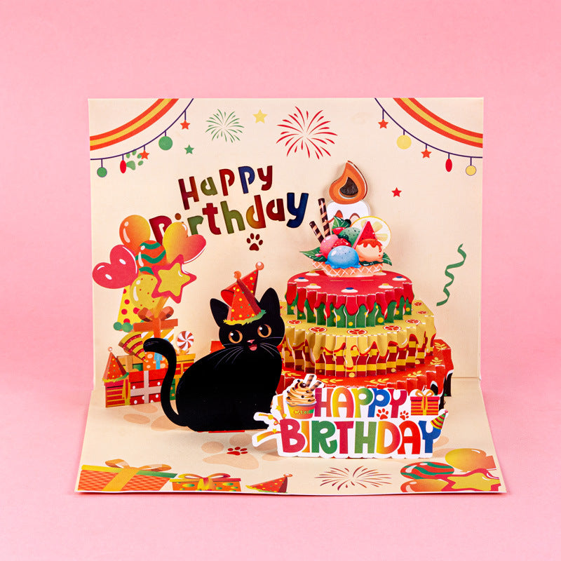 Kawaii Cute Kitten Birthday Pop-Up Card | Auto Light-Up & Blow-Switch Musical Design