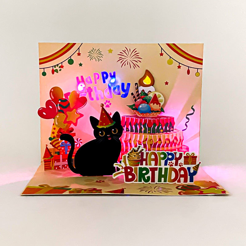 Kawaii Cute Kitten Birthday Pop-Up Card | Auto Light-Up & Blow-Switch Musical Design