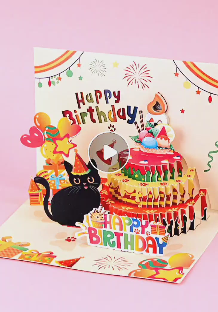 Kawaii Cute Kitten Birthday Pop-Up Card | Auto Light-Up & Blow-Switch Musical Design